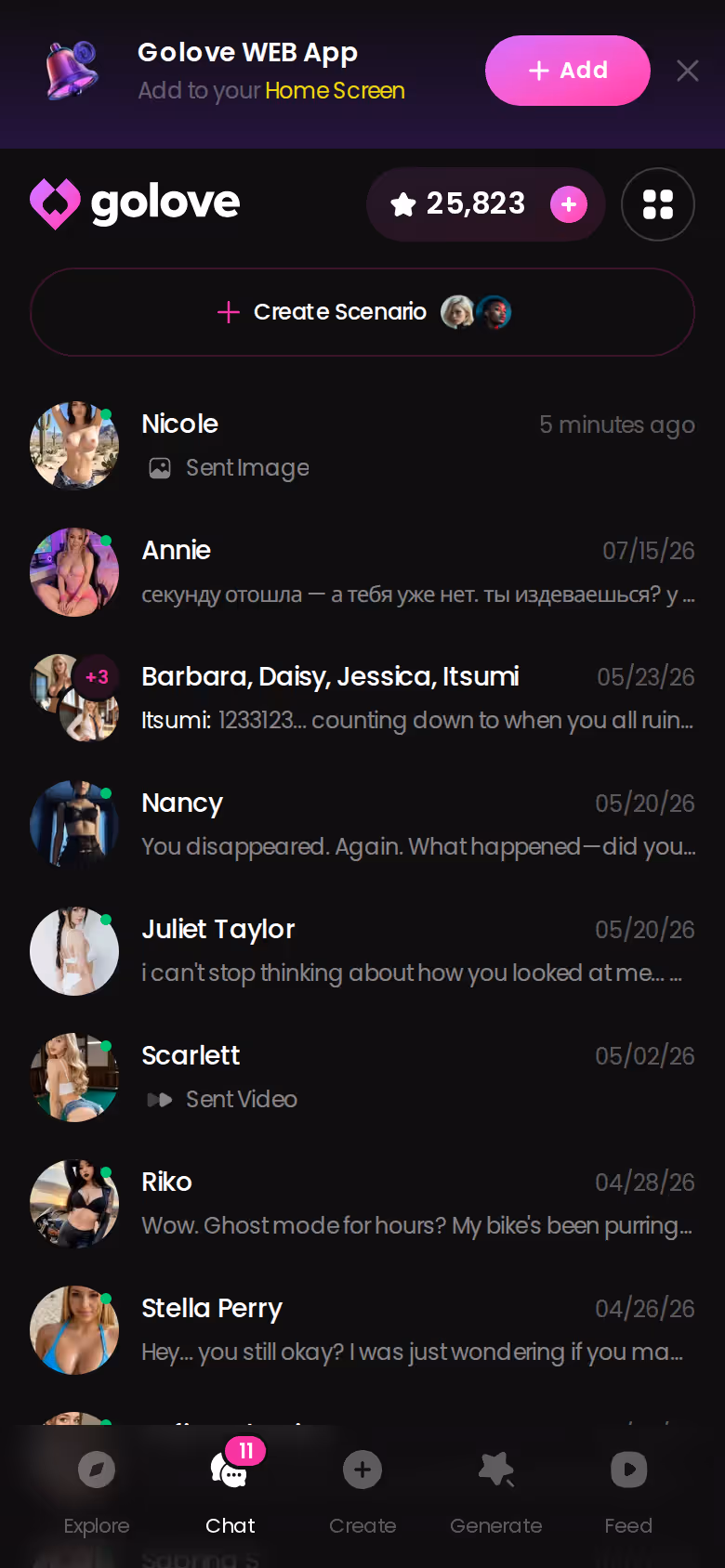 GoLove.ai chat list on mobile showing characters with last-message previews
