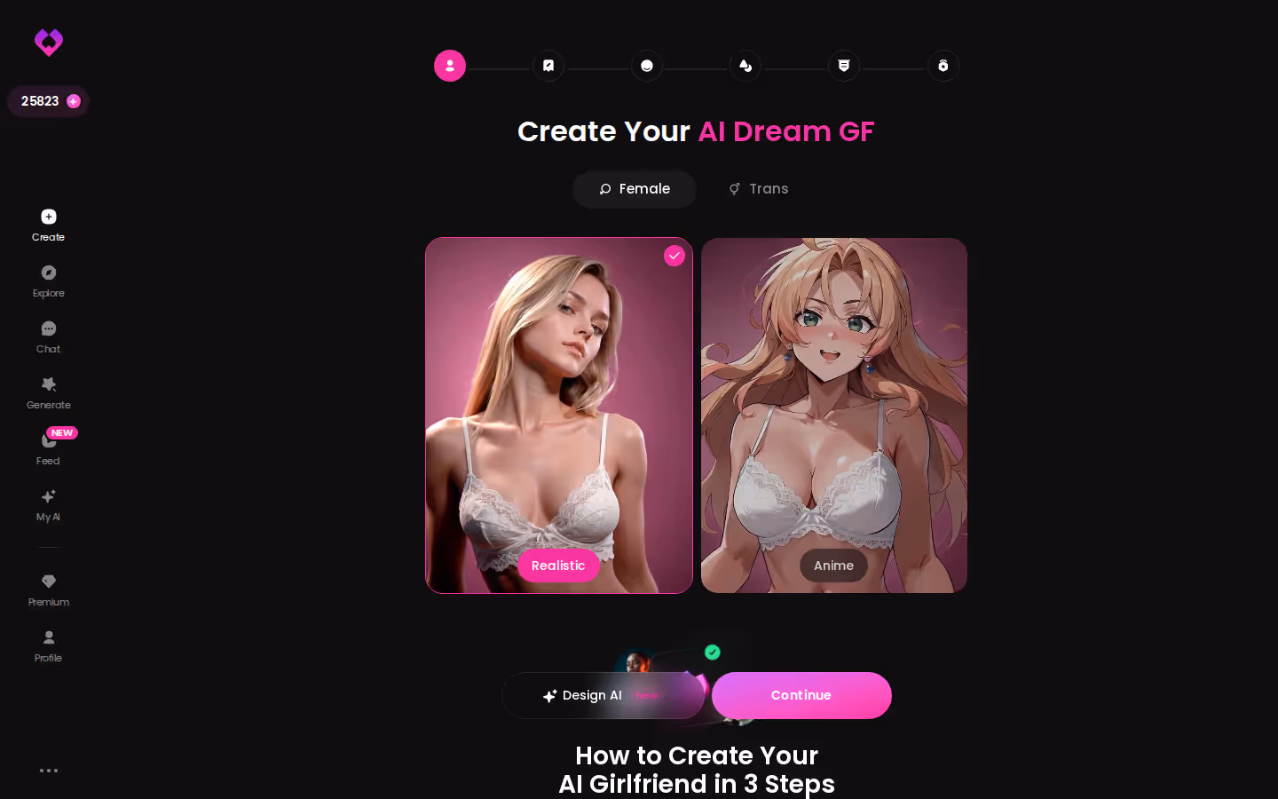 GoLove.ai create wizard start screen on desktop showing Realistic, Anime and Trans category options