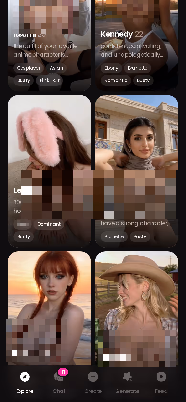 GoLove.ai Explore grid on mobile showing realistic AI companion characters ready to chat