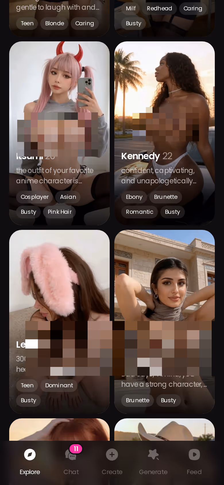 GoLove.ai explore page on mobile showing realistic AI girlfriend characters