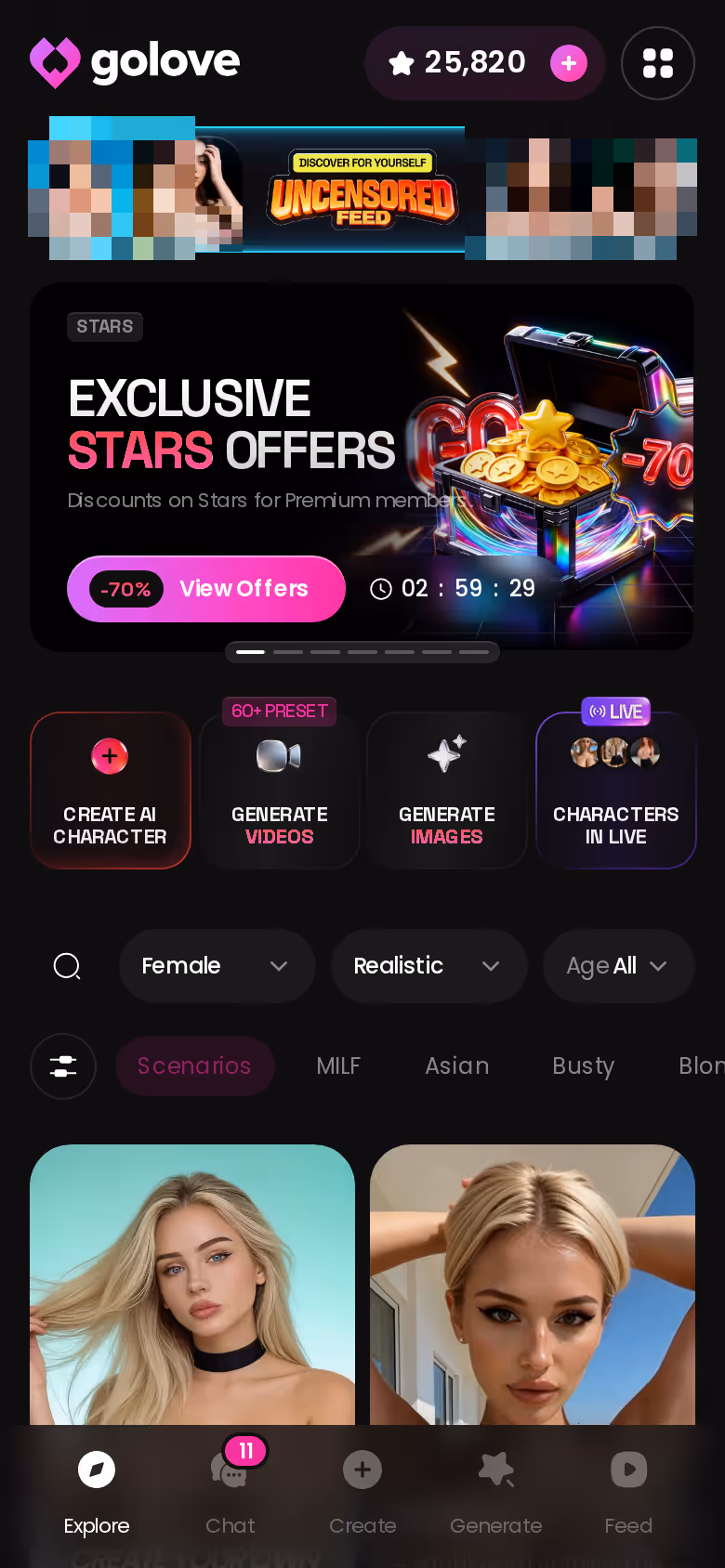 Mobile GoLove.ai Explore page with banners and character grid — furry chat