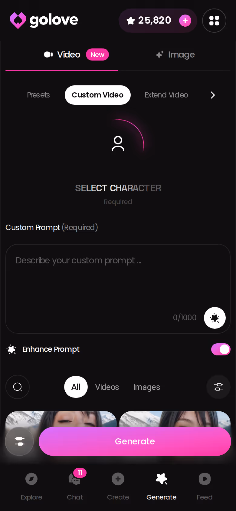 Mobile Custom Video mode in the GoLove.ai generator — ai whore