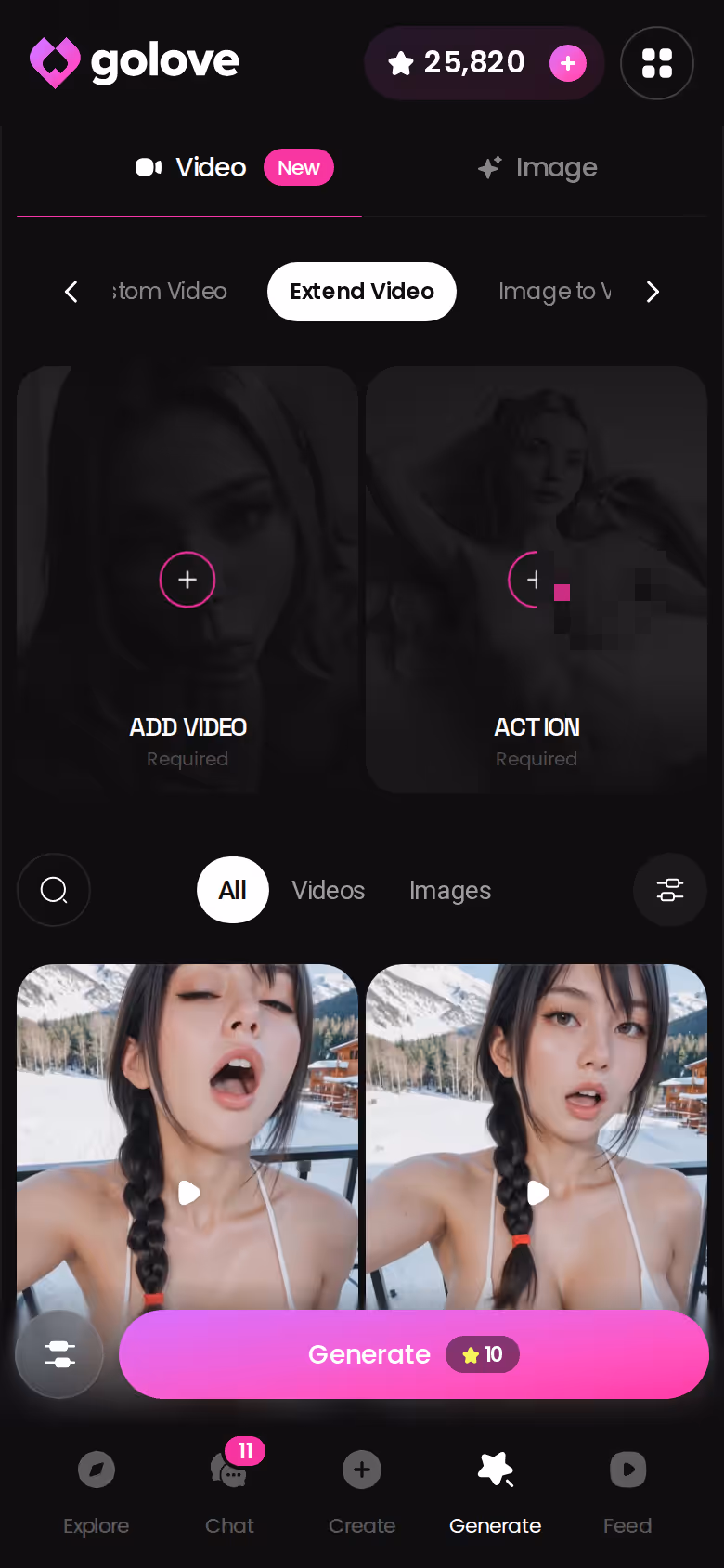 GoLove.ai Extend Video option in the mobile video generator