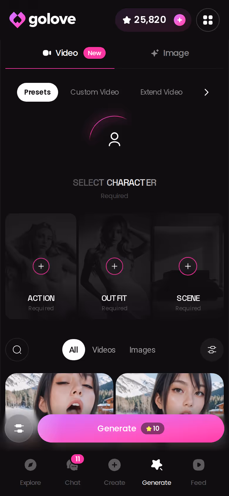 GoLove.ai generator hub on mobile showing the full set of image and video modes