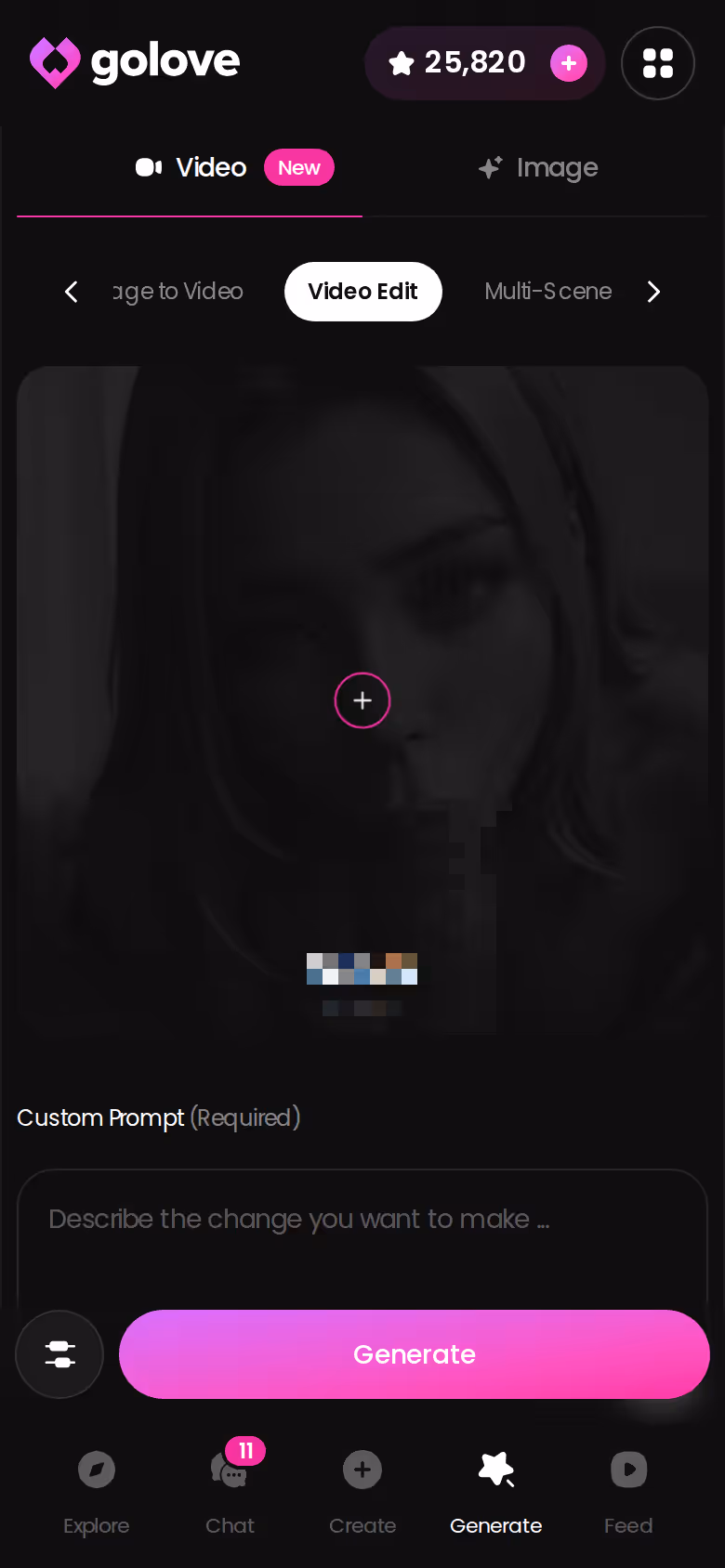 GoLove.ai Video Edit mode in the mobile generator